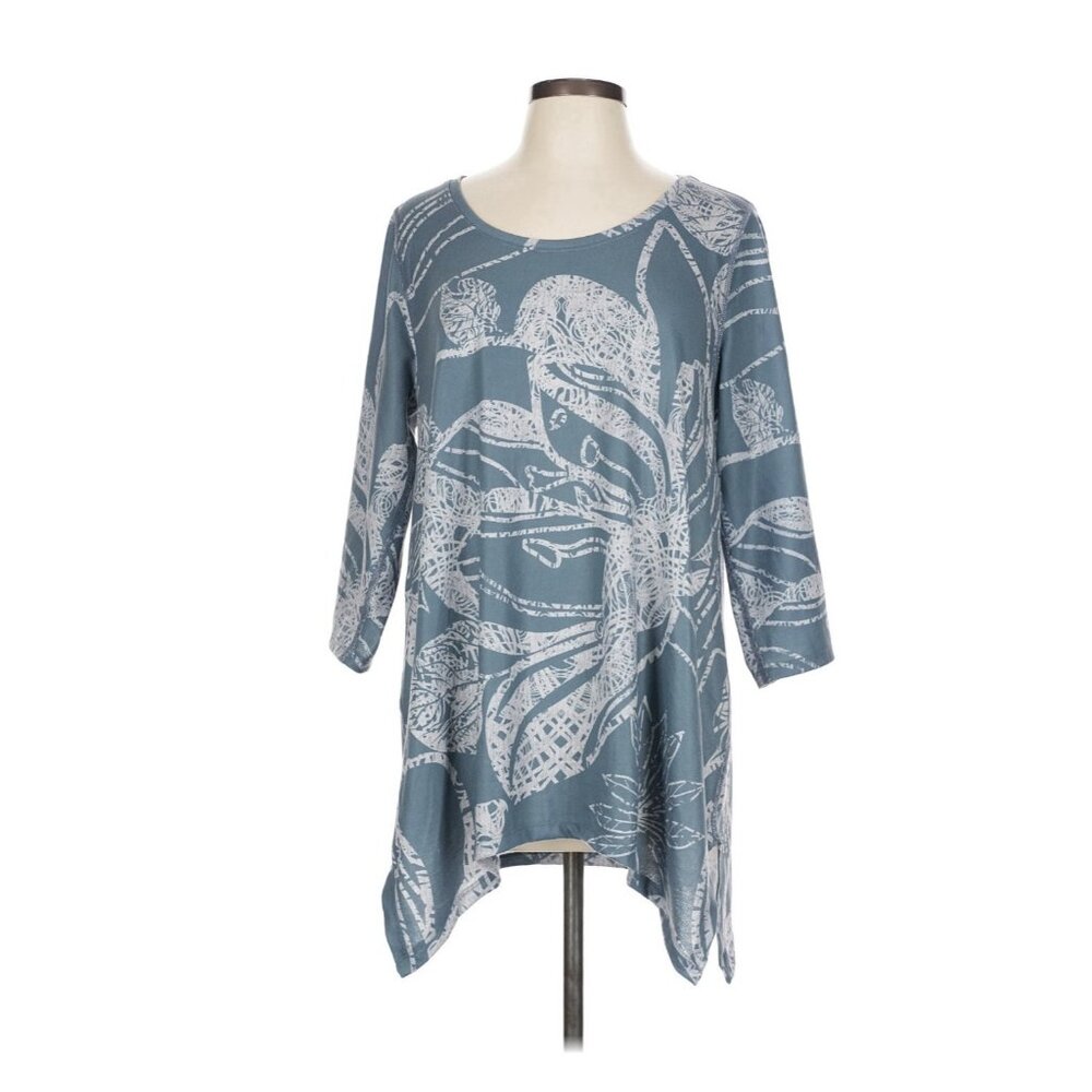 Soft Surroundings Floral Valerie Tunic Womens Sz‎ L Blue 3/4 Sleeves Top Boho